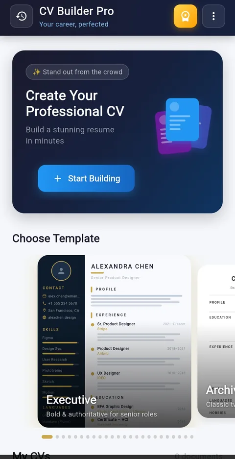 CV Builder Pro home screen showing My CVs list with multiple CVs in different templates
