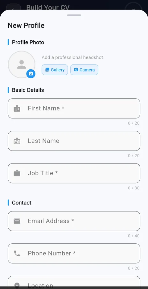 Step 2 — Personal Profile screen with name, headline, contact details and photo