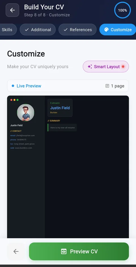 Smart AI Layout adjusting spacing and content density on a CV in real time