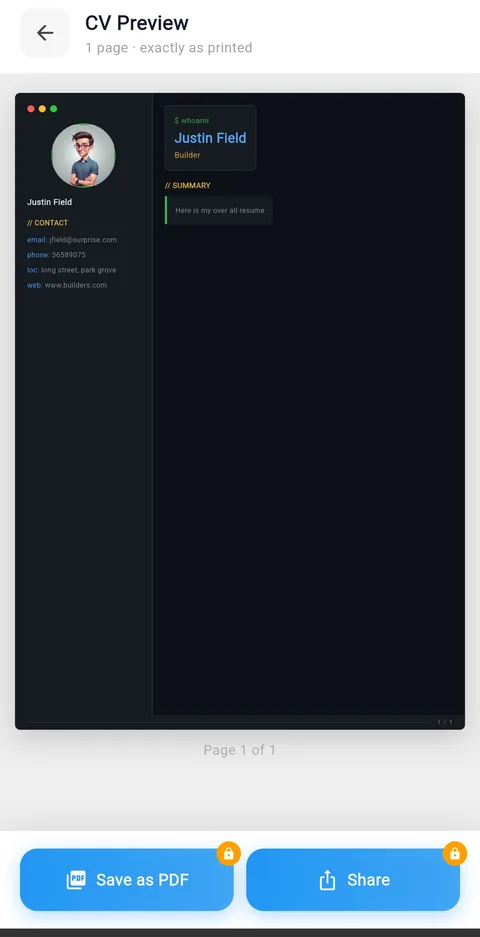 CV summary detail screen showing template, completion status and Edit CV button