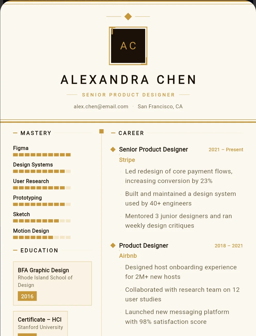 Art Deco CV template — 1920s geometric gold luxury design