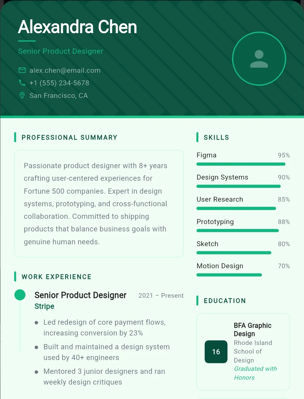 Emerald CV template — forest green header with a clean work history timeline