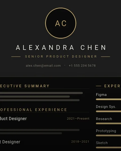 Luxury CV template — gold-accented prestige on black