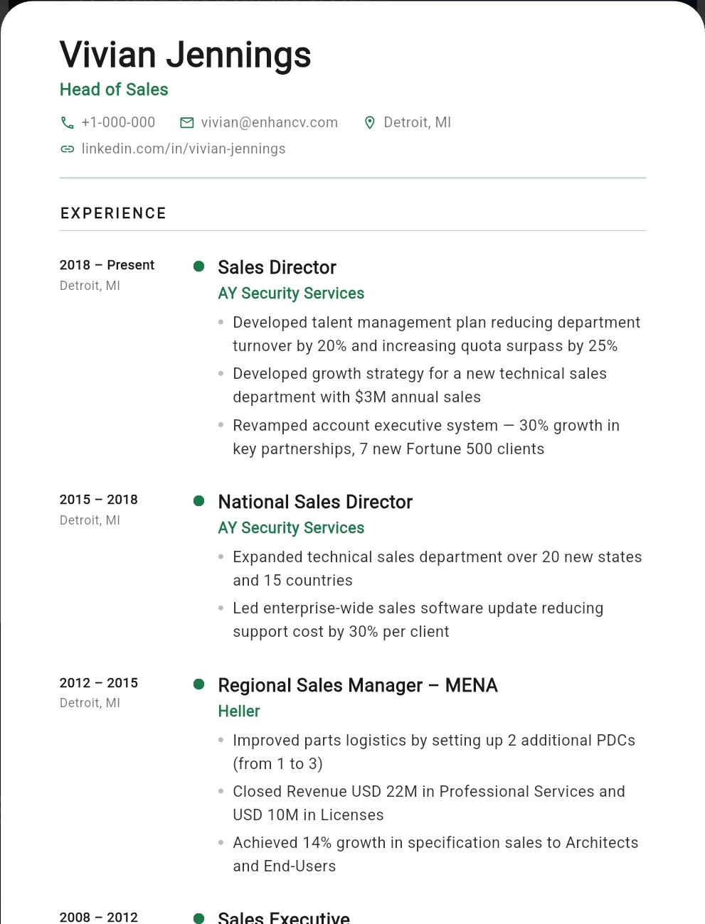 Momentum CV template — bold name treatment with timeline dots and achievements