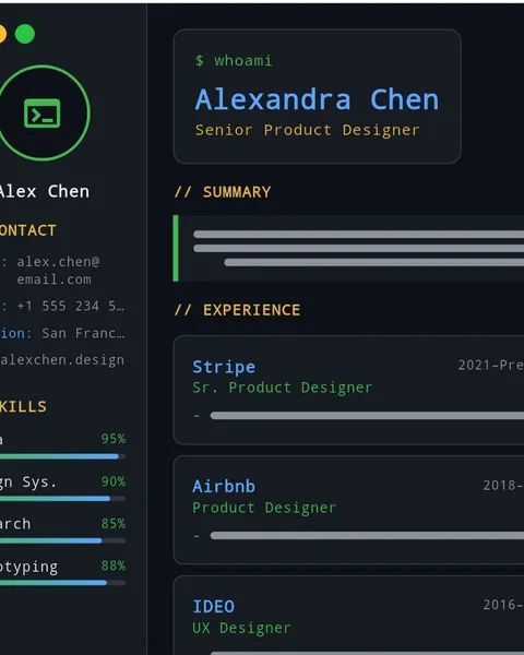 Tech Dark CV template — terminal aesthetic for developers