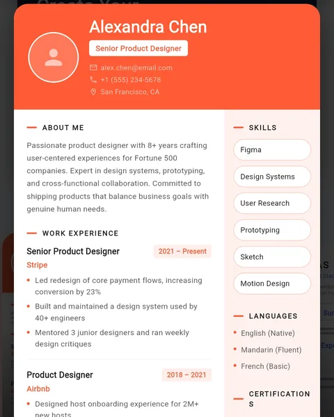Vibrant CV template — energetic orange layout