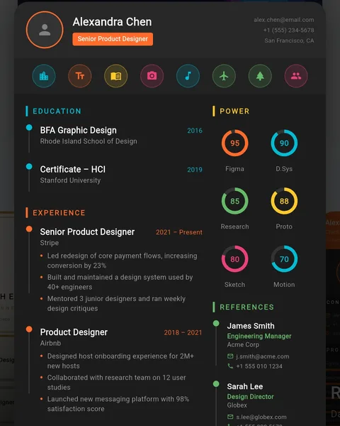Wina Dark CV template — dark infographic with skill rings
